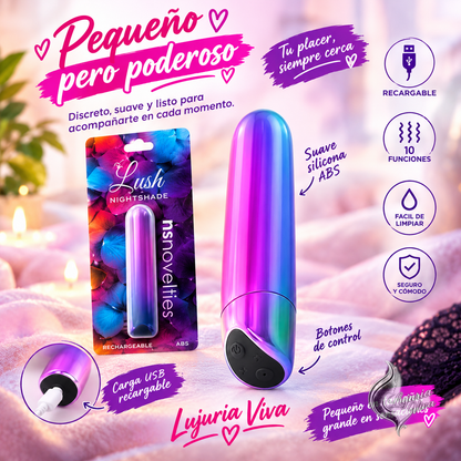 Vibrador Bullet Lush Nightshade de Snovelties, recargable y con 10 funciones