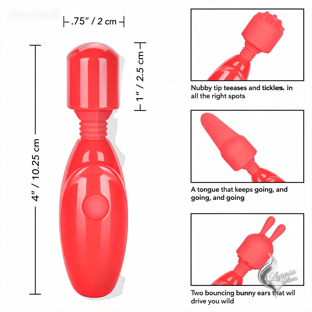 Estimulador Clitorial Mini Wand CalExotics - medidas y cabezales intercambiables