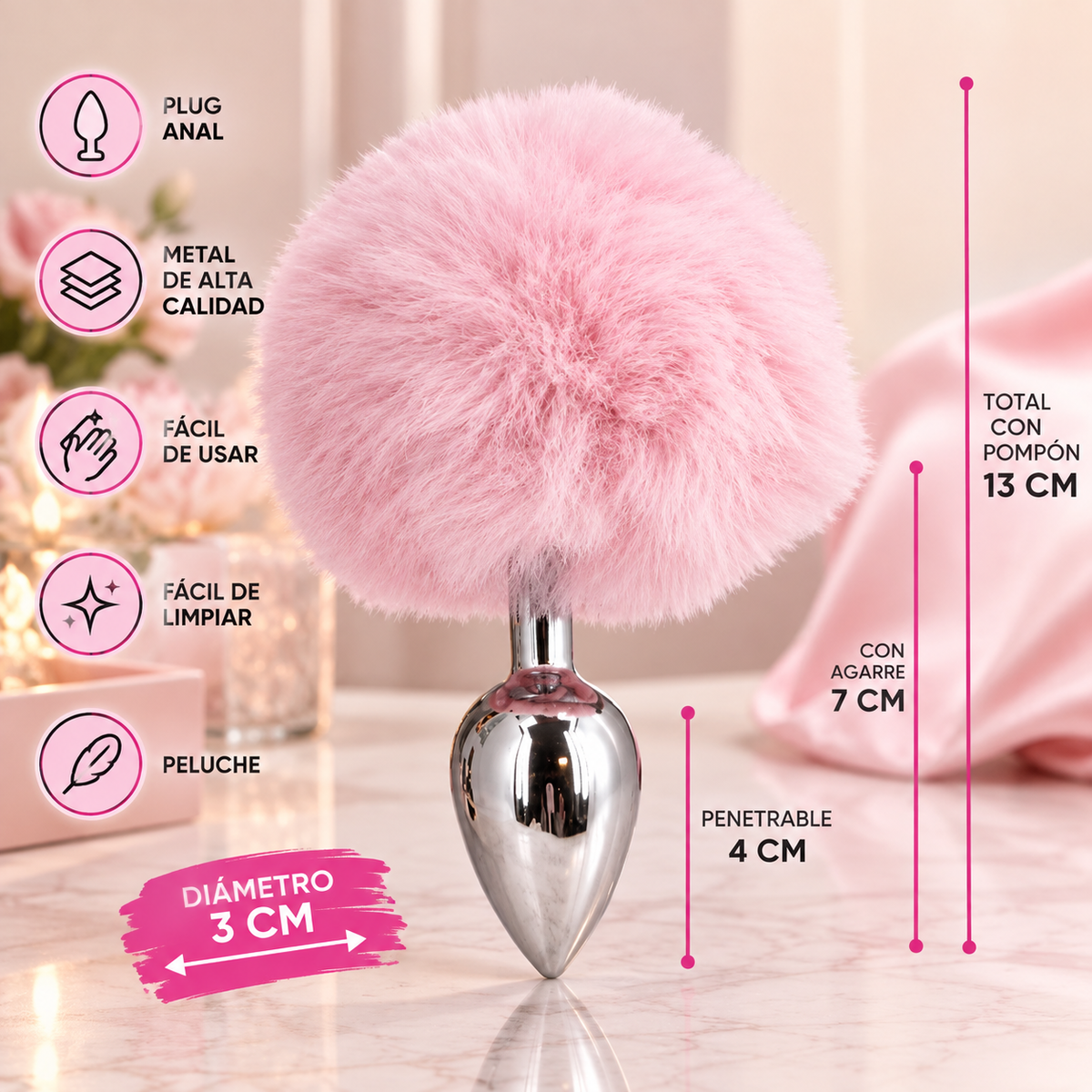 Plug Anal Metal con Pompón Rabbit Rosa Fornax | Sexy & Funny