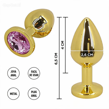 Plug anal de acero dorado con joya rosa - medidas 6,5cm x 2,6cm