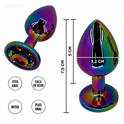 Plug anal de acero arcoíris con joya multicolor - medidas 7,5cm x 3,2cm