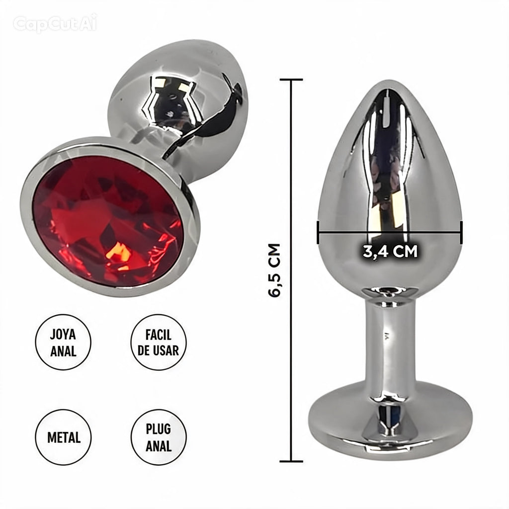 Plug anal de acero con joya roja - medidas 6,5cm x 3,4cm