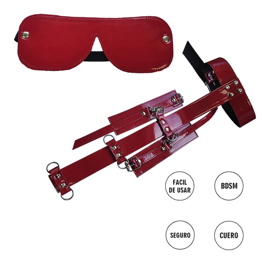 Kit de Ecocuero Rojo Inmovilizador con Esposas y Antifaz