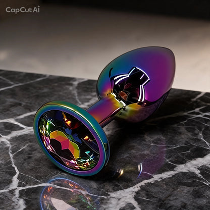 Plug anal de acero arcoíris con joya multicolor - presentación elegante